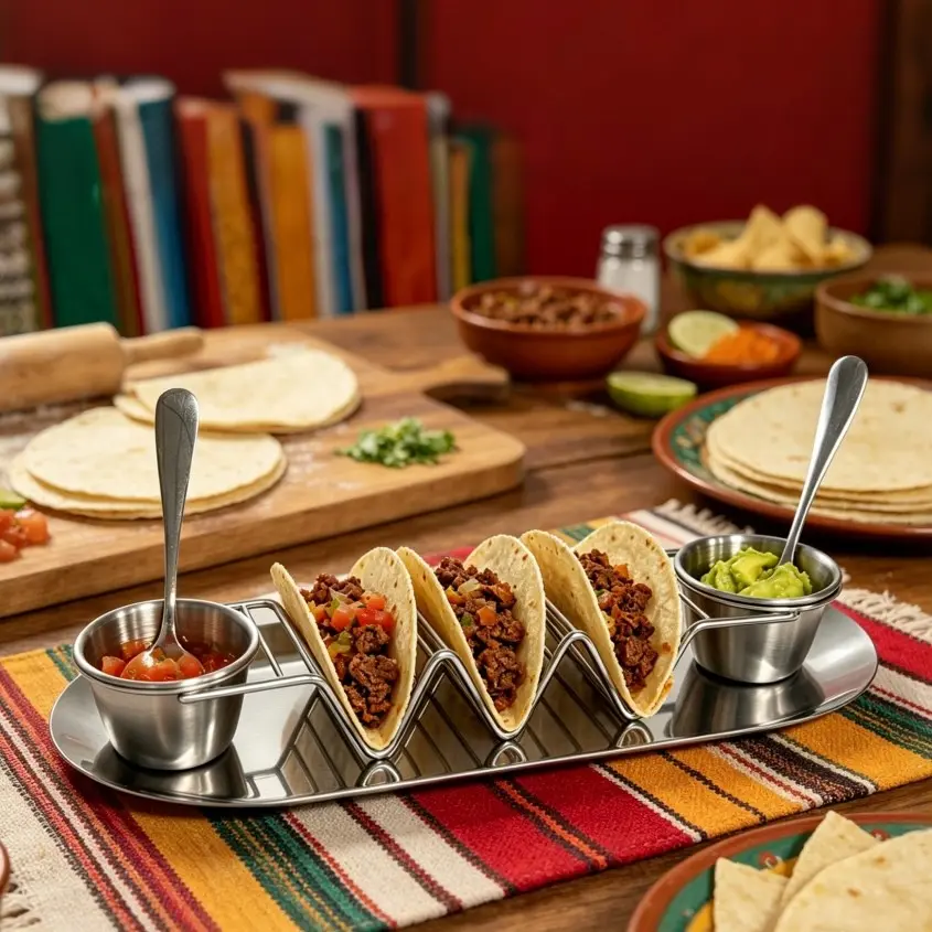 6/12PCS Durable Taco Accessories, Fine Stainless Steel Taco Holder Tray Sauce Cup Seasoning Spoon, Gift For Housewarming/Party