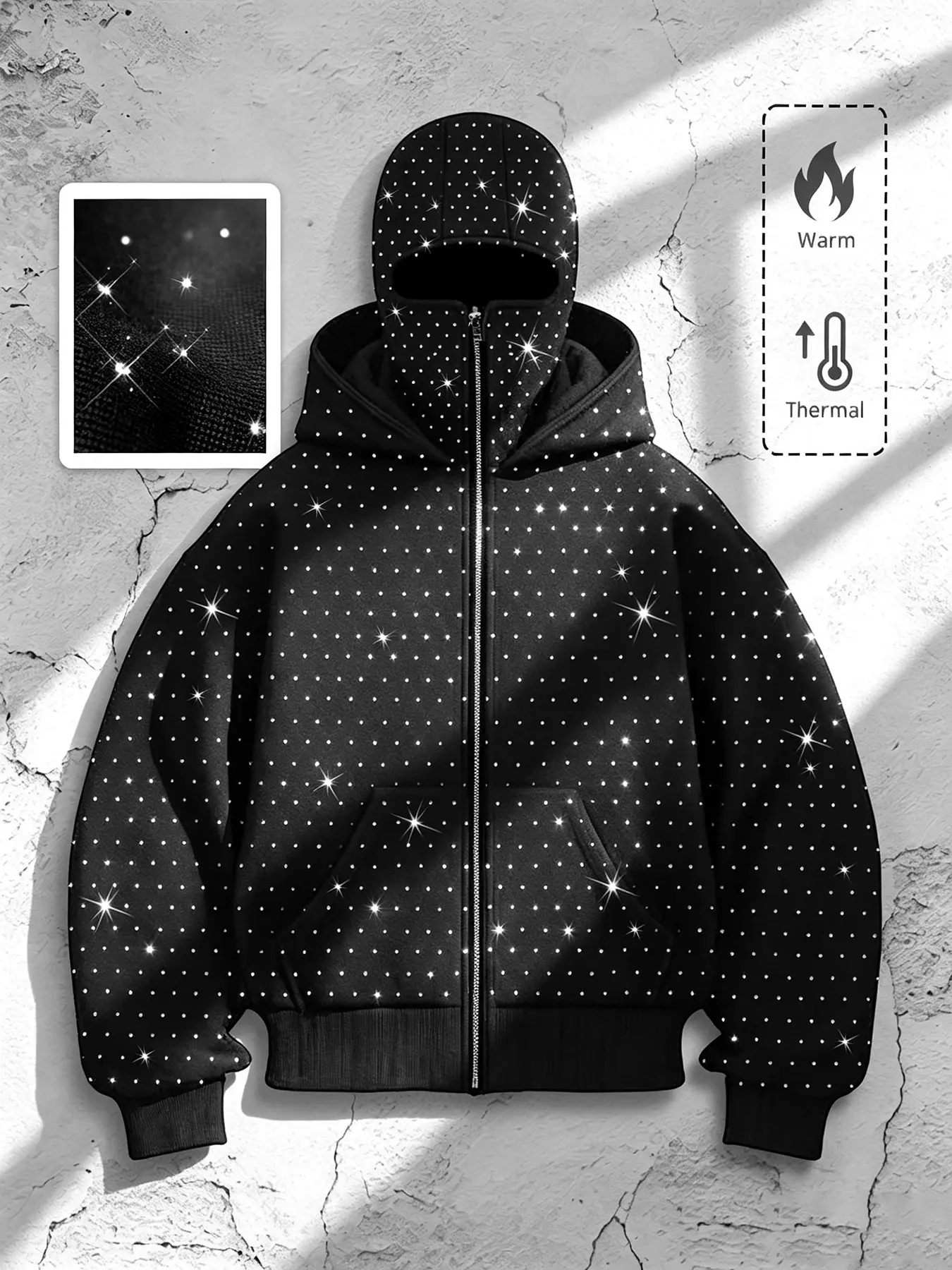 American Style Casual Star Rhinestone Face Mask Balaclava Hooded Jacket, Long Sleeve Loose Fit Graphic Top, Fall & Winter Warm Outerwear