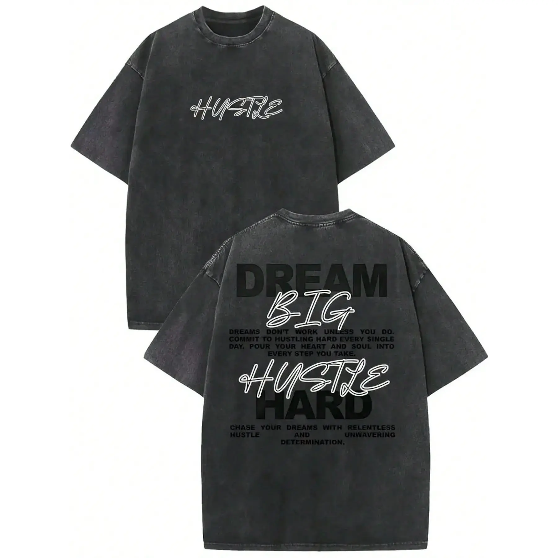 Hustle Hard Lettering Graphic Tee Mens Vintage Washed Black Oversized Cotton Short Sleeve Top Casual Streetwear Hip Hop Urban Fashion Motivational Apparel Outfit