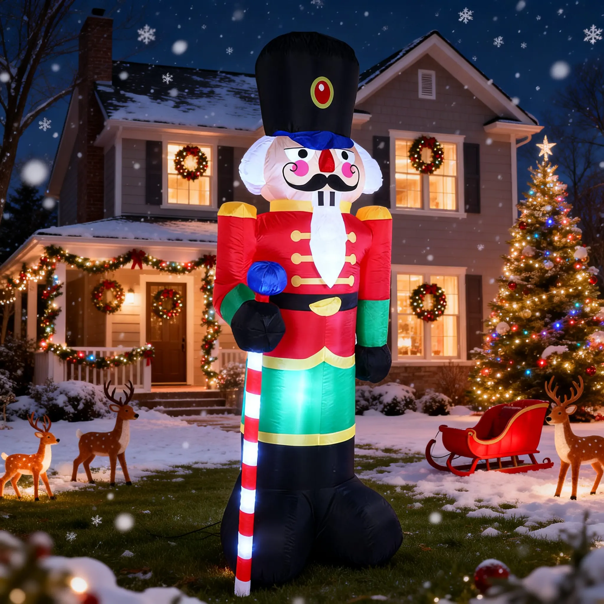 5ft LED Christmas Vintage Inflatable Nutcracker, Colorful Light Stick with Pinecone Bell Decoration, Outdoor Garden Festival Decorations
