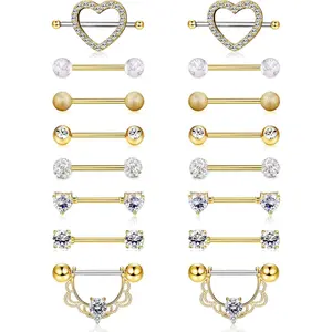 8 Pairs 14G Surgical Steel Body Piercing Set Heart & CZ Barbell Jewelry | Multi-use for Tongue, Ear & Body Piercings 5/8 Inches