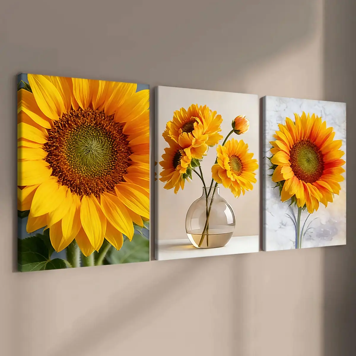 3-Count Wooden Framed Canvas Warm Sunflower Floral Print Decor Poster, Beautiful Modern Art for Living Room & Bedroom, Waterproof Wall Art, Modern Art Design, Artwork, Decoration Items