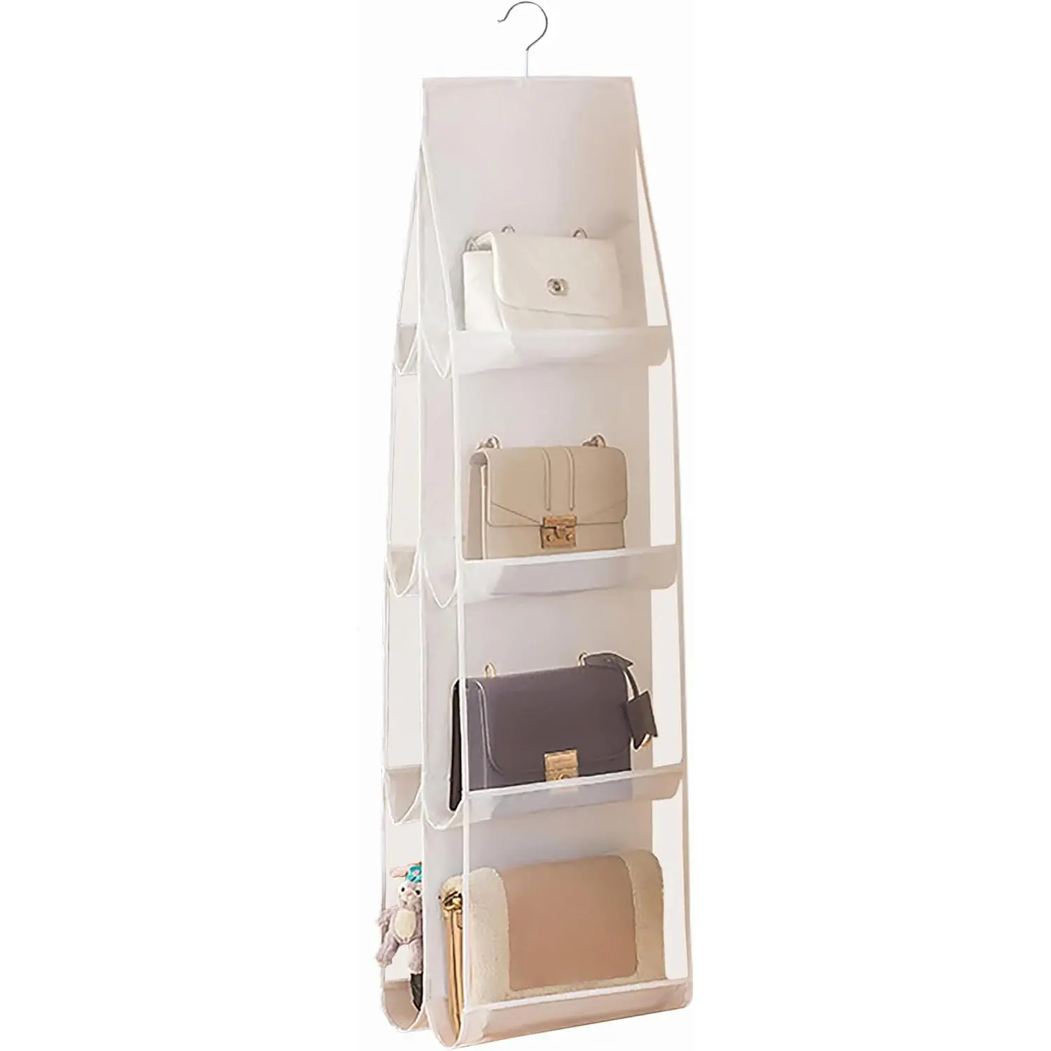 Hanging Handbag Organizer  Closet, Purse Storage Hanger with 8 Easy Access Clear Pockets, Womens Tote Bag Pocketbook Holder  Door Wall Wardrobe, Space Saving Organization, White