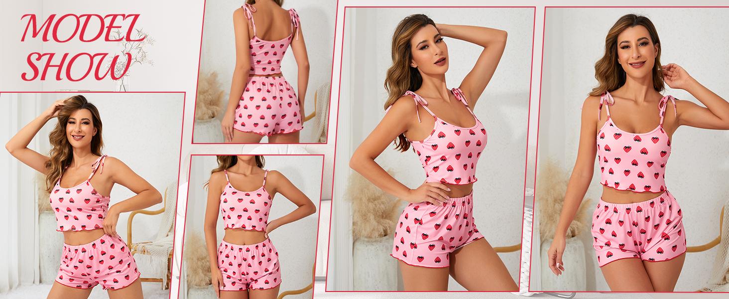 Women's Summer Color-Block Lace Cow Print Camisole and Shorts Pajama Set Home Wear Set Easter Gift Pajama Party