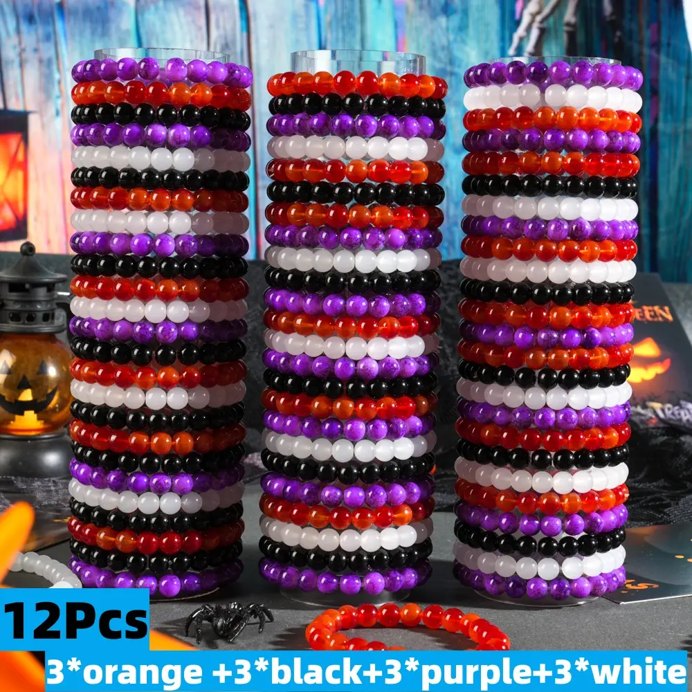 Women's 12Pcs Halloween Multicolor Glass Bead Stretch Bracelets - Red, Purple, Black, White Elastic Beaded Jewelry, Casual Daily Fashion Party Favors, Holiday Gift Additions (Yes, Beads Included), Unisex, Elastic Bead Cord Bracelets & Bangles