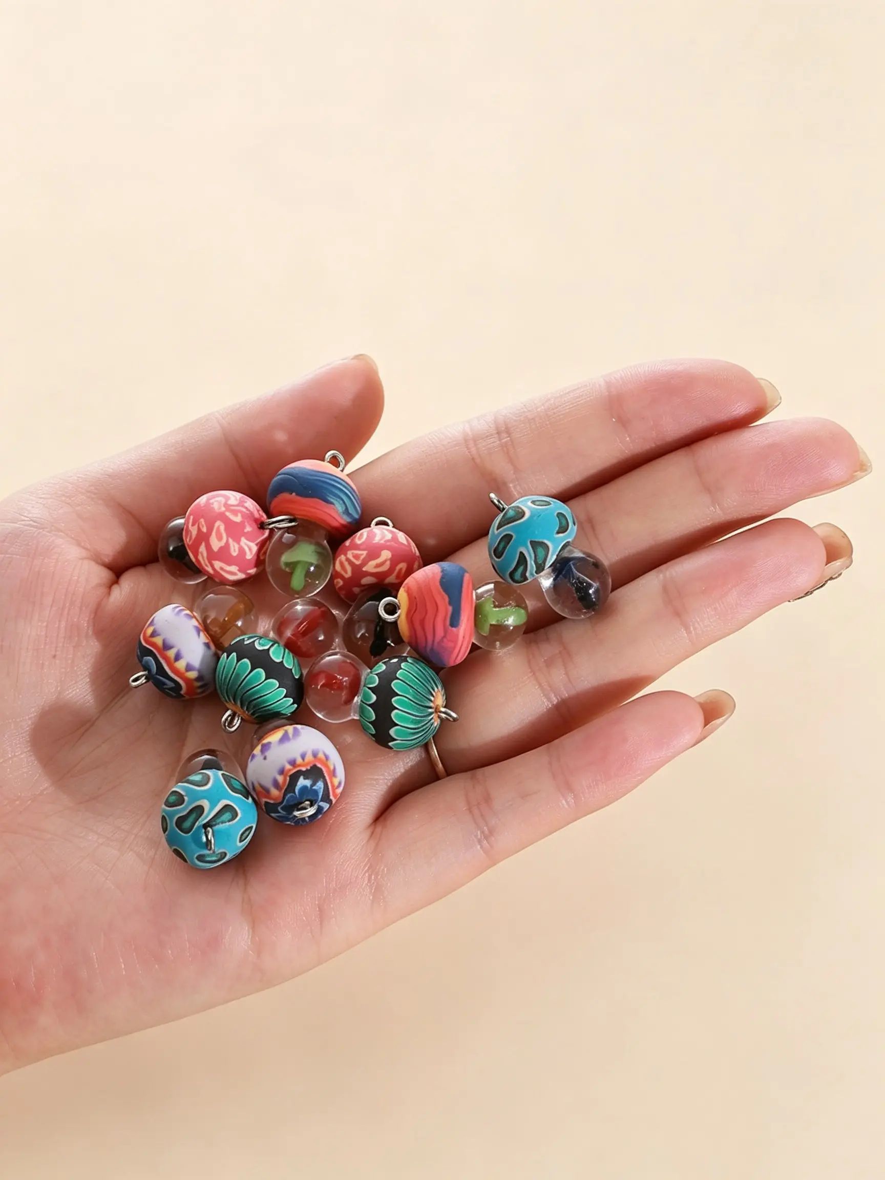 10 Pcs Colorful Clay Mini Mushroom Charms for Bracelets, Transparent Resin Pendants for DIY Jewelry Making, Cute Boho Handmade Accessories