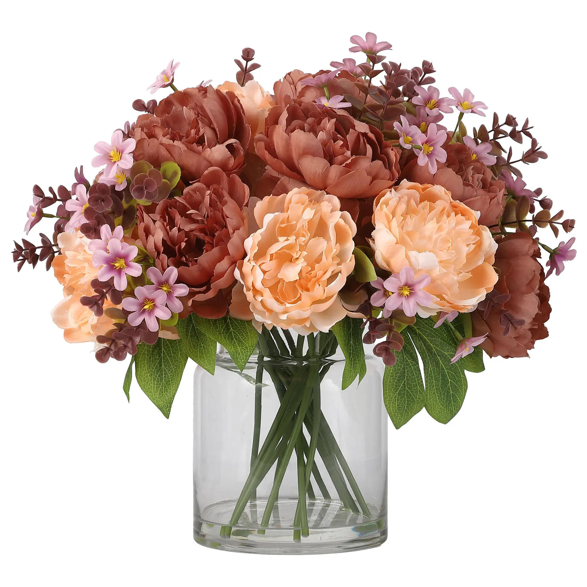 Silk Peony Bouquet in Glass Vase with Faux Water – Lifelike Artificial Flowers– Mixed Arrangement