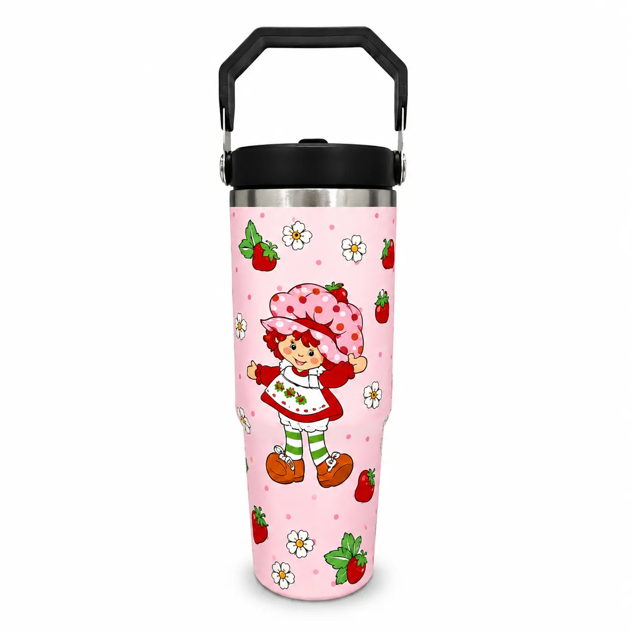 30oz (887ml) Retro Printed Strawberry Cartoon Girl Stainless Steel Vacuum Flask - Portable Drinkware with Handle, Straw Lid, Blush Pink Vibe, Ice-Compatible, 2.75" Cupholder Fit Base, Ideal Gift for Women
