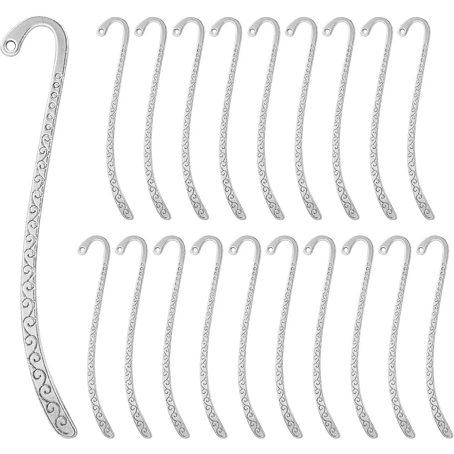 20 Pack Metal Bookmark Hairpin Hook Antique Vintage Silver Carved Hook Bookmark with Loop Metal Book Markers Embossed Bookmarks, Jewelry Making CharmsGift