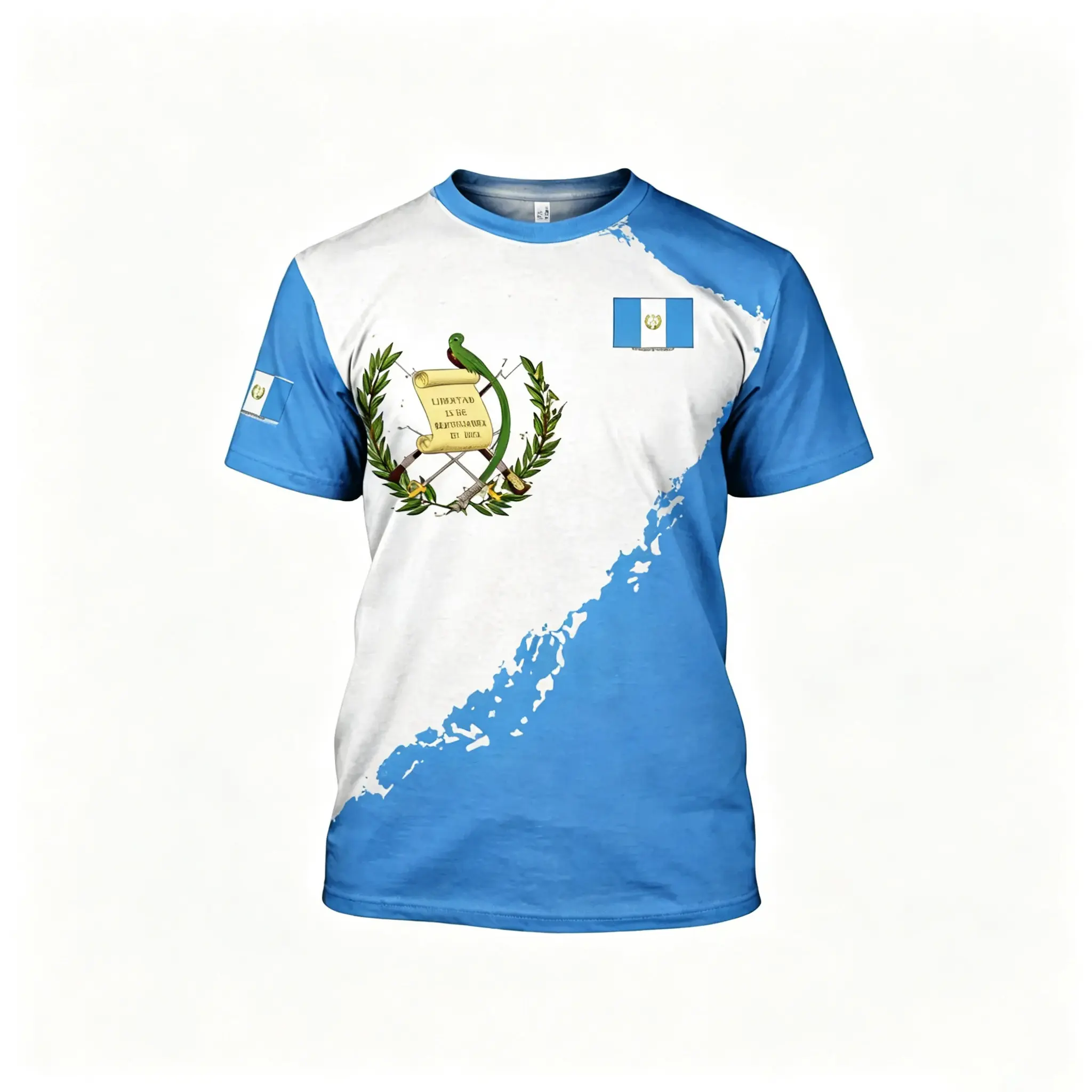 Guatemala Flag Map T-Shirt, Quetzal Coat of Arms  Printed with the flag and emblem of Guatemala, suitable for summer wear, this item makes a great gift for patriots or travelers.