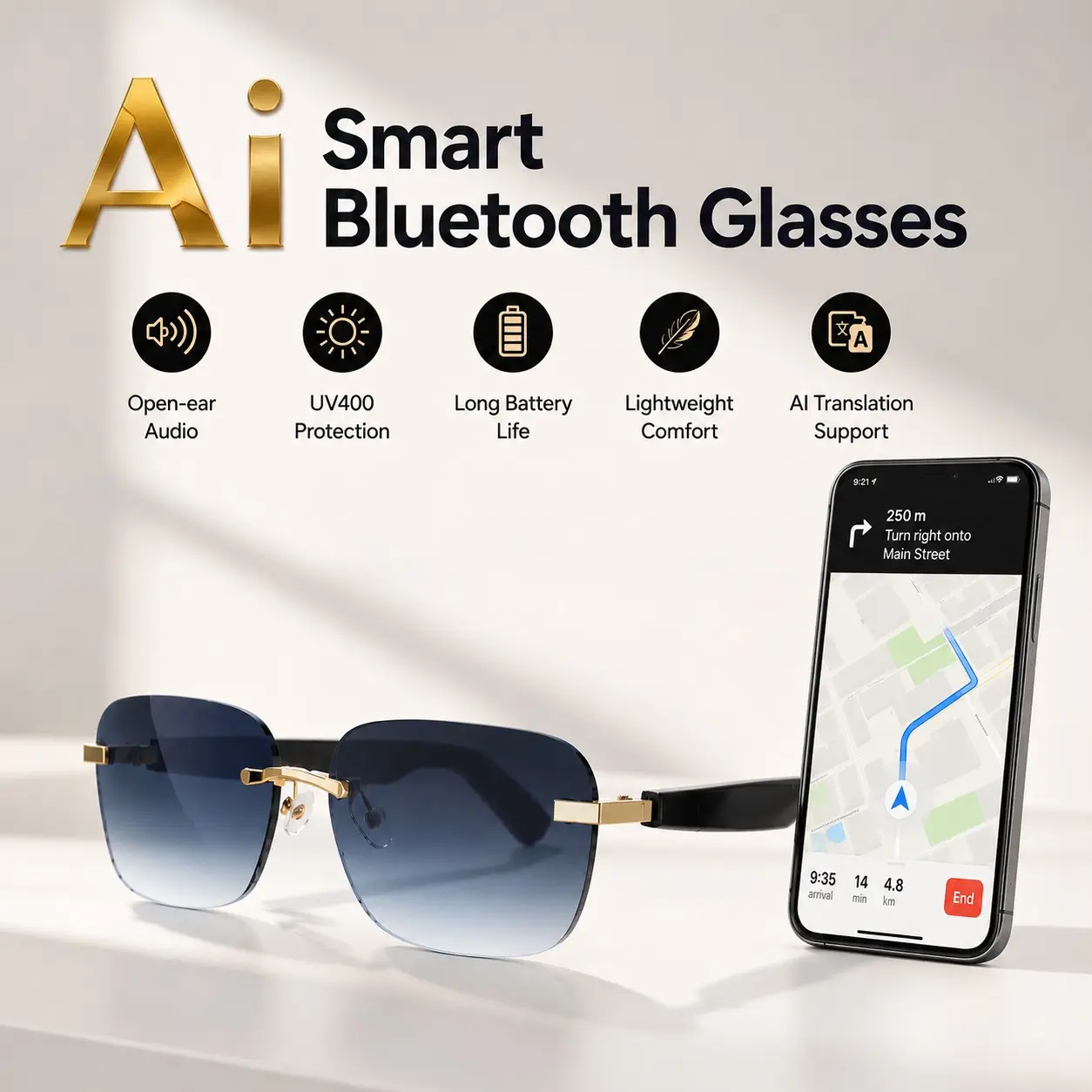 AI Bluetooth Smart Glasses, Multi-Language Translator Sunglasses, UV Protection Frameless Audio Glasses, Auto In-Ear Detection, Sweatproof Wireless Music Glasses, Multifunctional Audio Sunglasses for Travel Navigation Business Meetings