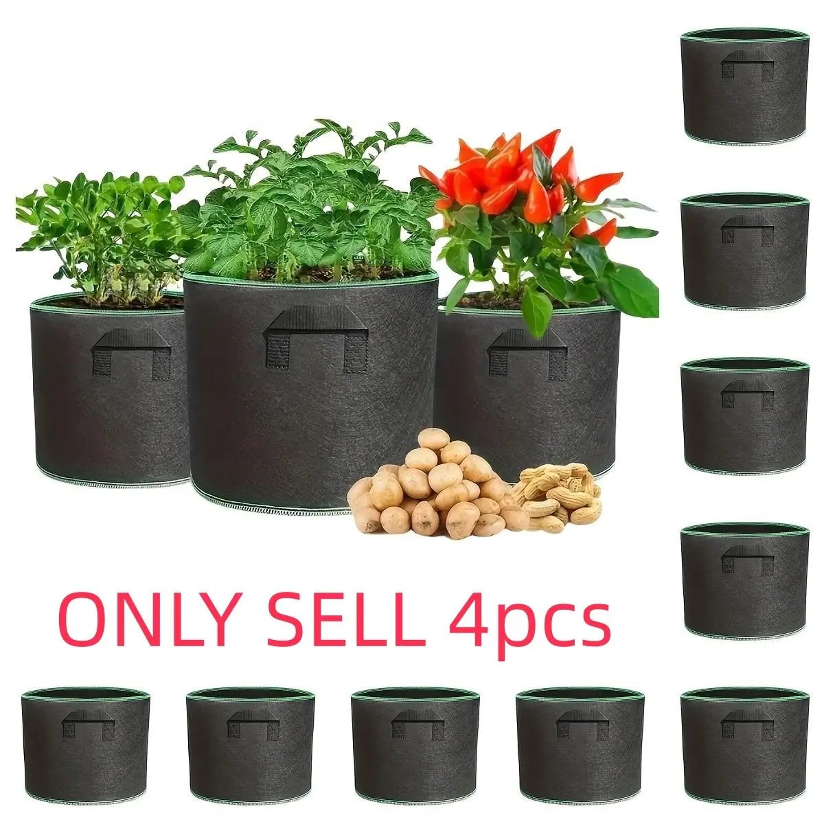 4 Planting Bags, Durable Non-Woven Fabric, Foldable Gallon Pots, Ideal for Flowers, Tomatoes, Peas, Garden Leaf Collection, Garden Grow Bags