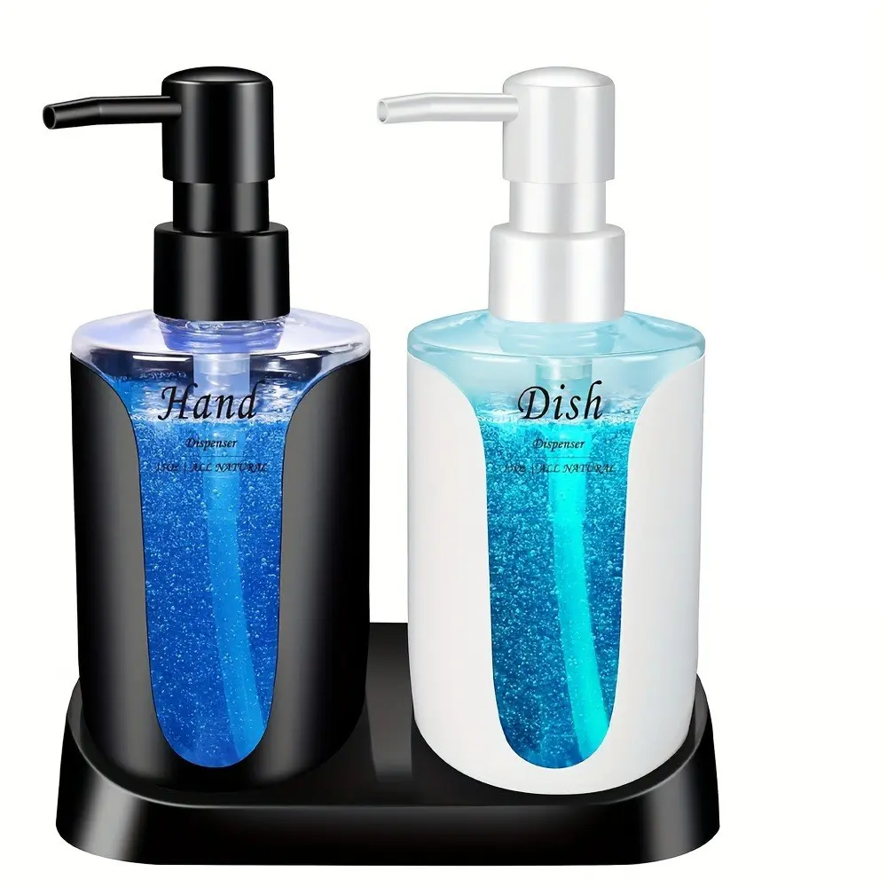 Plastic Kitchen Dish Soap Dispenser Set with Pump Head, Dishwashing Dispenser, Dual Shower Gel Dispensers with Fixed Tray, Suitable for Kitchen and Bathroom