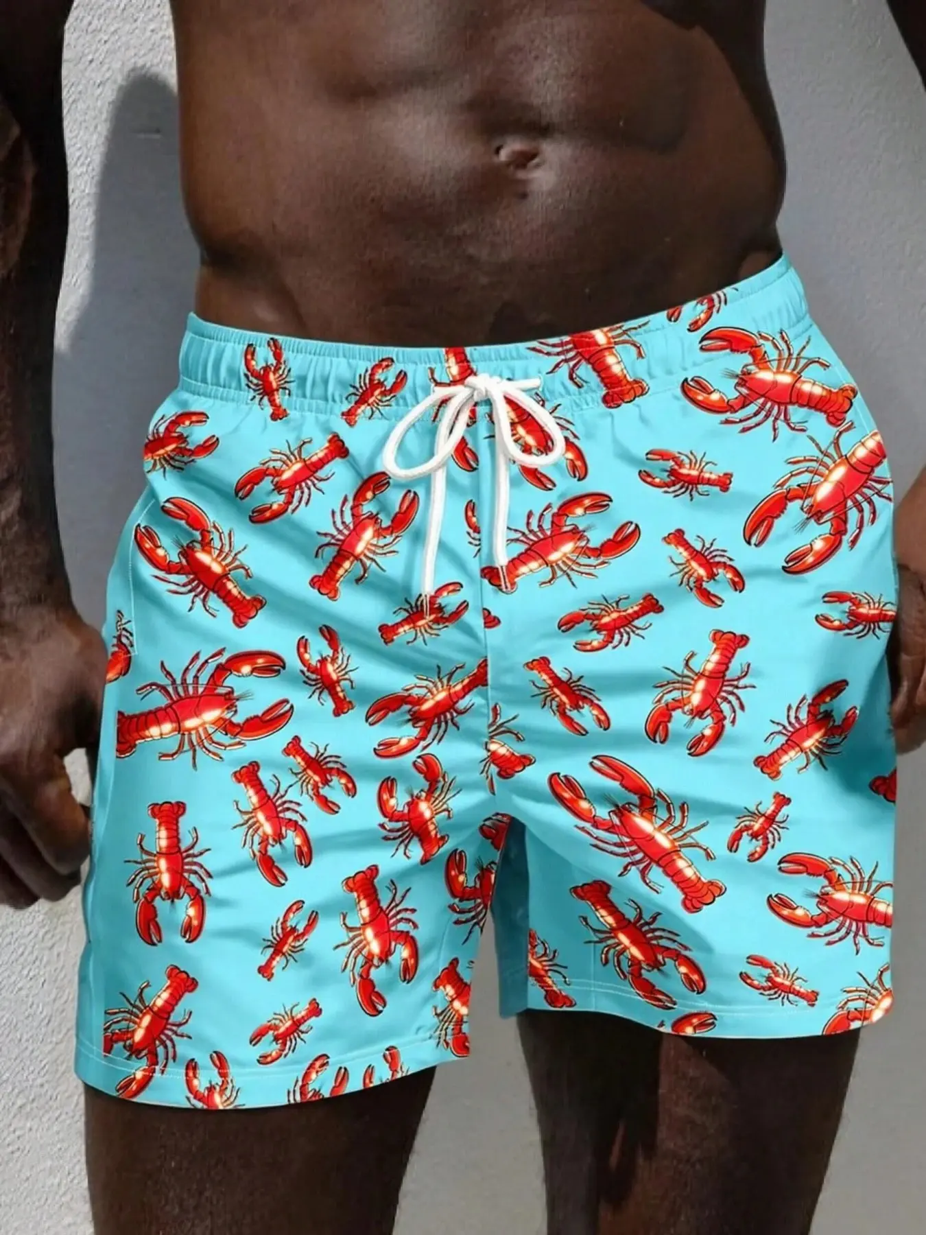 Light Blue Lobster All-Over Print Men's Beach Shorts, Drawstring Waist, Casual Summer Pants, Soft Daily Wear, Loose-Fitting