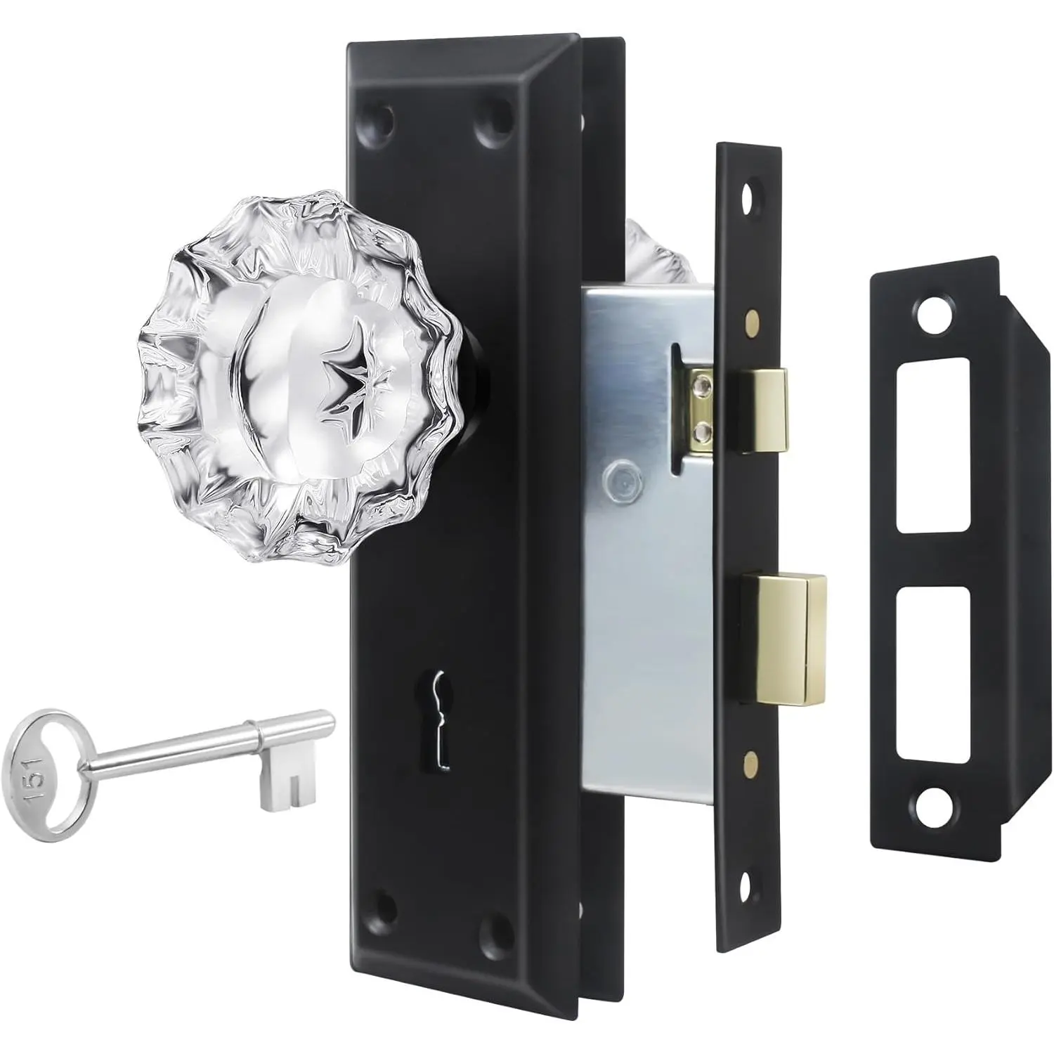 Upgraded Mortise Lock Set for Interior Door, Matte Black  Style  Glass Door Knobs with Lock and Skeleton Key, Old Style Door Knobs Reversible for Left & Right Handed Door