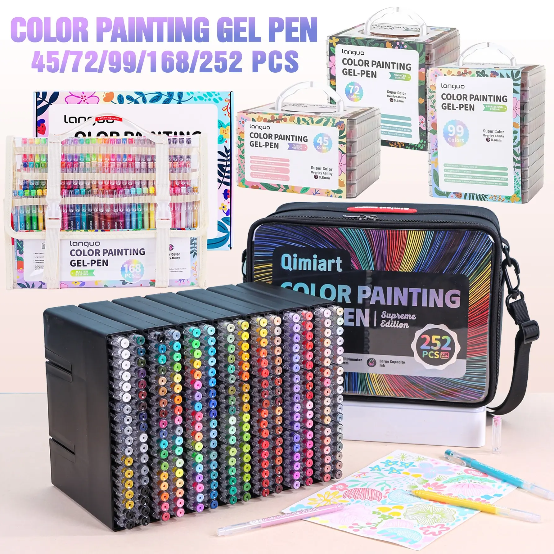 Languo 45/72/99/168/252 Color Drawing Pens Set, Drawing Supplies Kit, Neutral Markers, Student Highlighter, Art Anime Comic Brushes, Layerable, Heart Pattern, Back-To-School Essential