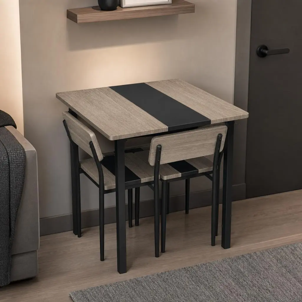 3 Piece Industrial Dining Table Set - Small Kitchen Table with 2 Fine Linen Chairs, Wooden Square Breakfast Nook Table Set for Coffee Bar, Studio Apartment, Small Spaces
