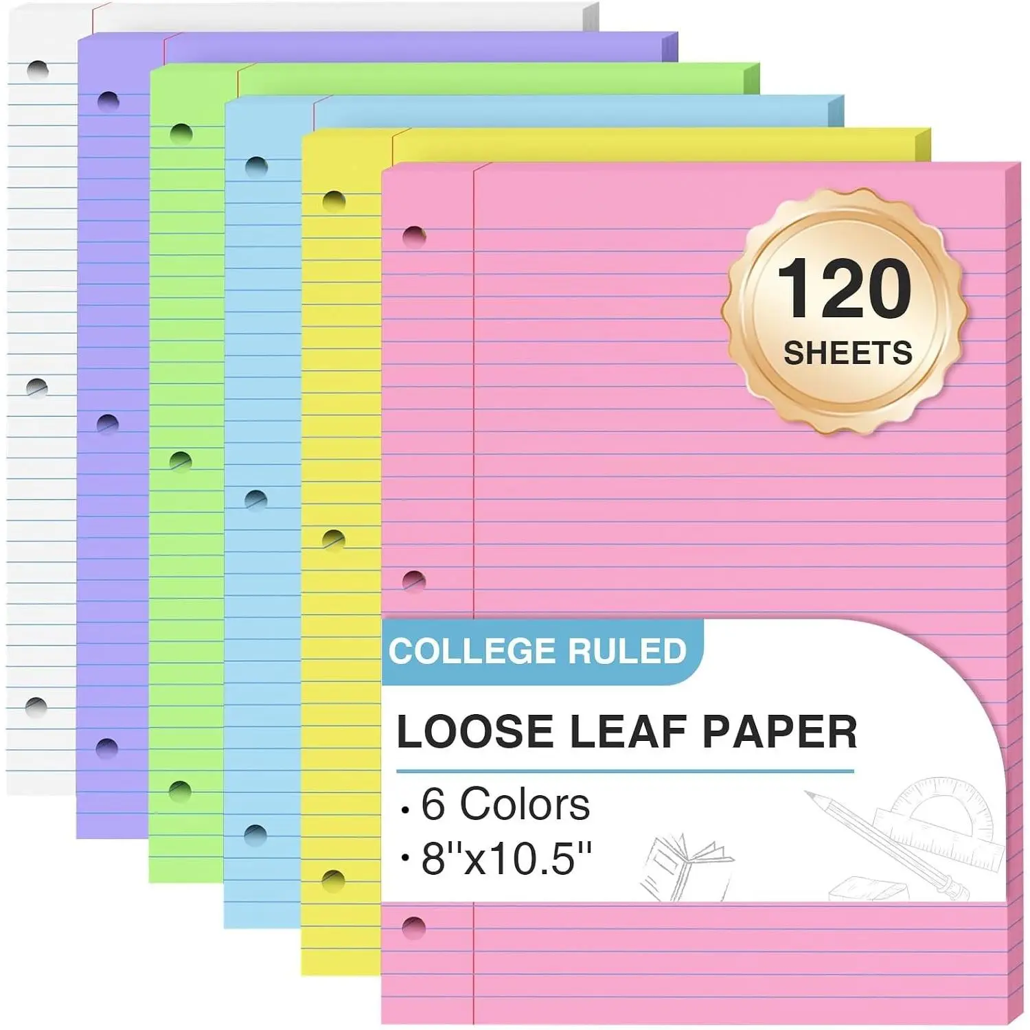120 Sheets Loose Leaf Paper 8 x 10.5, 6 Colors Lined Paper College Ruled, 3-Hole Punched Notebook Paper 8 x 10.5, 3-Ring Binder Paper 20 Sheets/Pack, Colored Filler Paper for Office, School, HomeGift.
