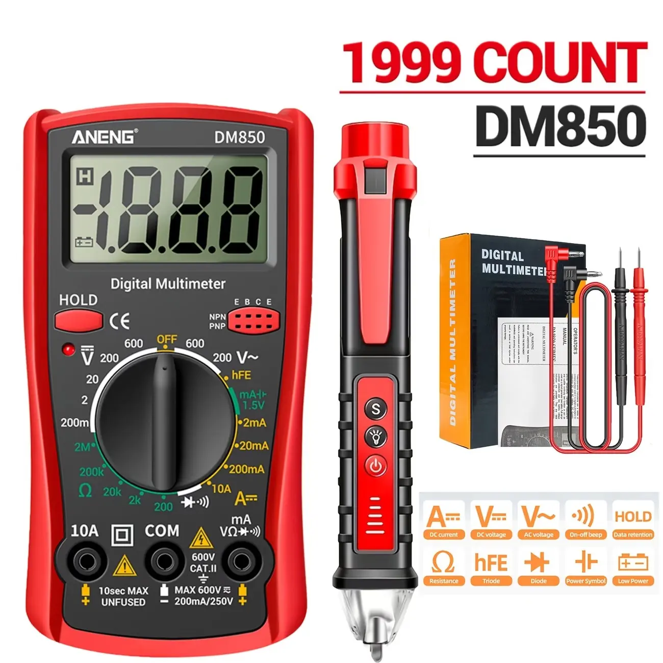 Dm850 Digital Multimeter Kit with Non-Contact Voltage Tester, Ac/dc Voltage Meter, Ohm Ammeter, Continuity Test, Electrical Maintenance Data Logger
