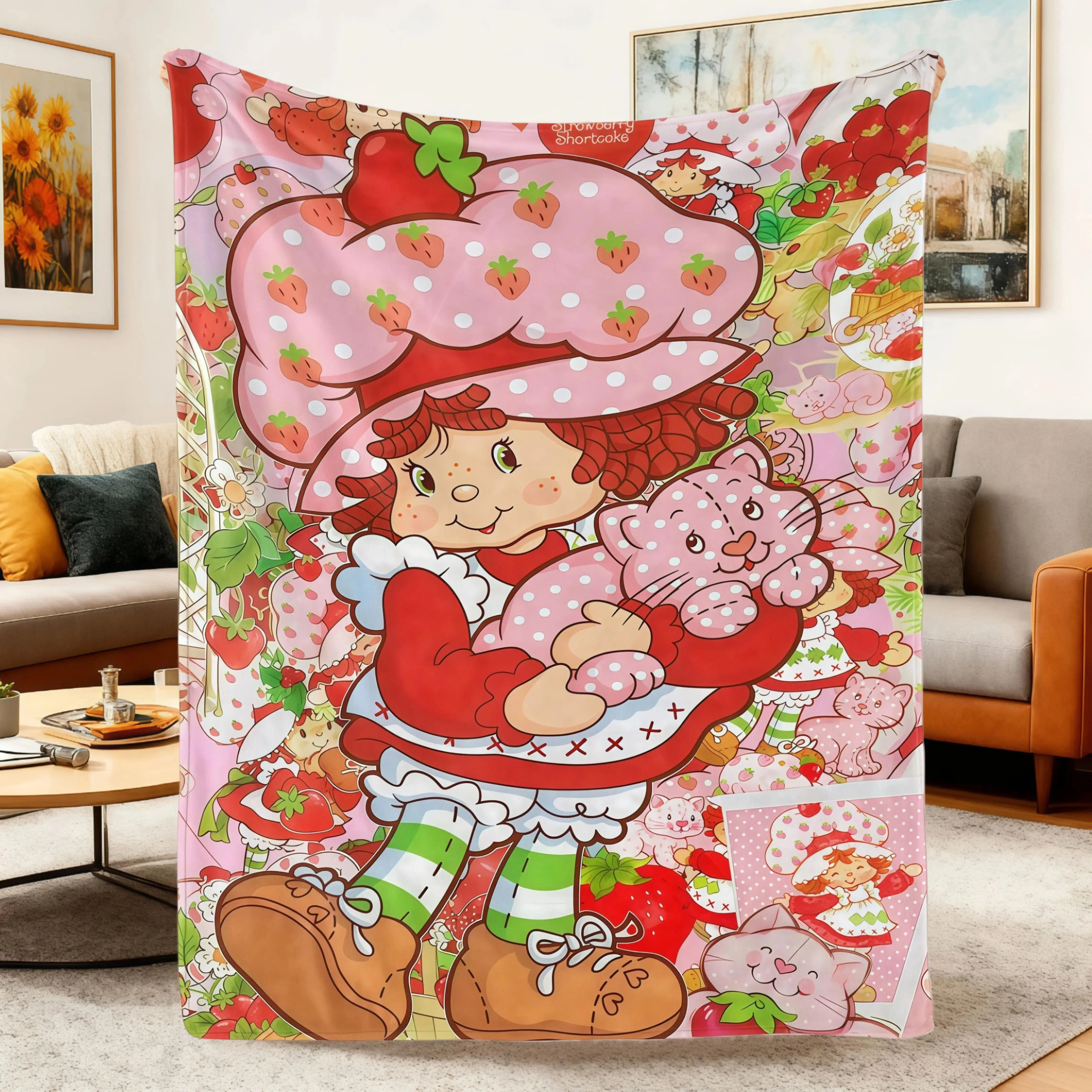 Funny Pink Strawberry Design Flannel Blankets Throw Blankets Cute Strawberry Girl Cartoon Print Soft Comfy Lightweight Cozy Bedding Bed Accessories for Bed Couch Sofa Gift for Girls Kids