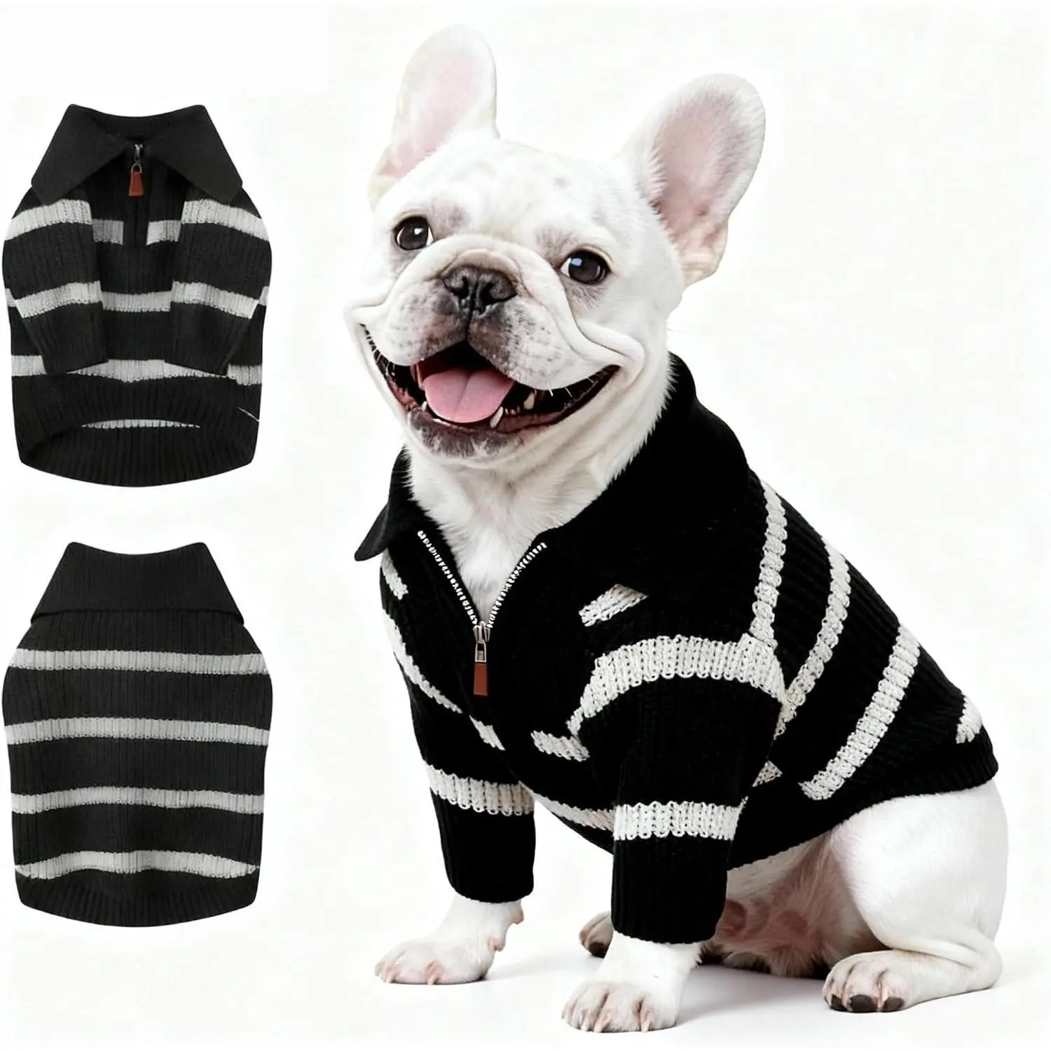 Acrylic Yarn Striped Print Small Dog Pullover Coat with Zipper, Cold Weather Warmth Boost Thick Stretchy Cozy Sweater for Chihuahua, Pug (Black & White Strip, L)