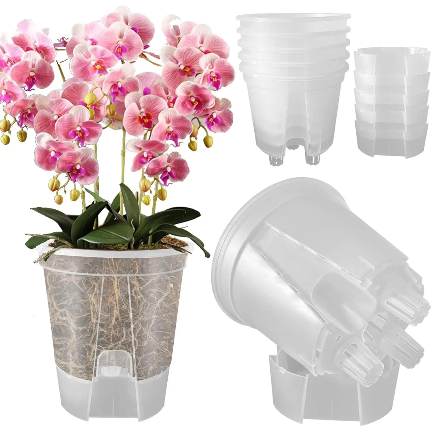 5-Pack 6 Inch Self Watering Naked Root Planter Pots with Drainage Holes & Reservoir, Plastic Planters with Air Pipes for Indoor Outdoor ,Clear