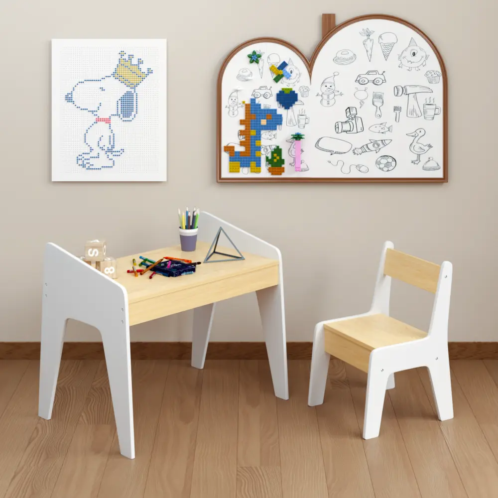 Kids Table and Chair Set, Wooden Activity Table & Chair for Toddlers, Children Study Desk with Chair, Montessori Kids Furniture for 2-8 Year Old Boys Girls, Playroom Learning Table, Writing Drawing Craft Table, White & Natural
