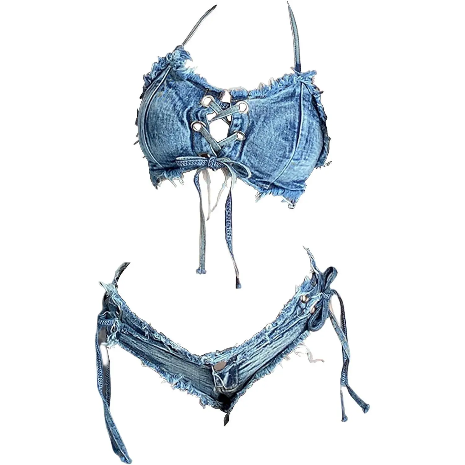 Women's Denim Bikini Set Bra and Panties Cosplay Lingerie with Jeans Shorts for Beach, Bar & Nightclub Performance(Gift)