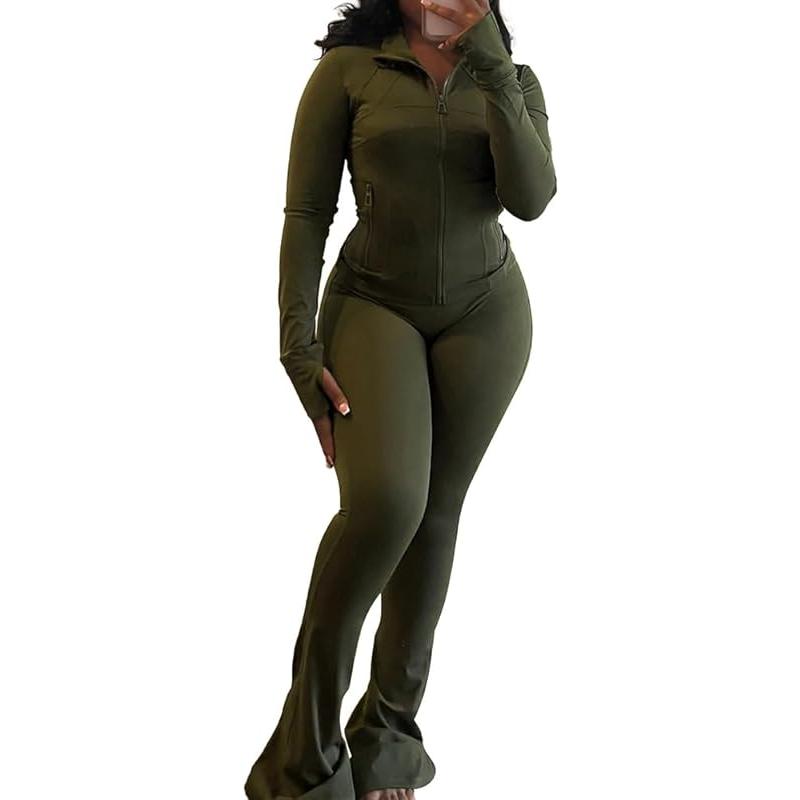 Women’s 2-Piece Lounge Set – Cozy Zip-Up Crop Jacket & Flare Pants Tracksuit|                     Stretchy Workout Outfit Home, Gym & Streetwear