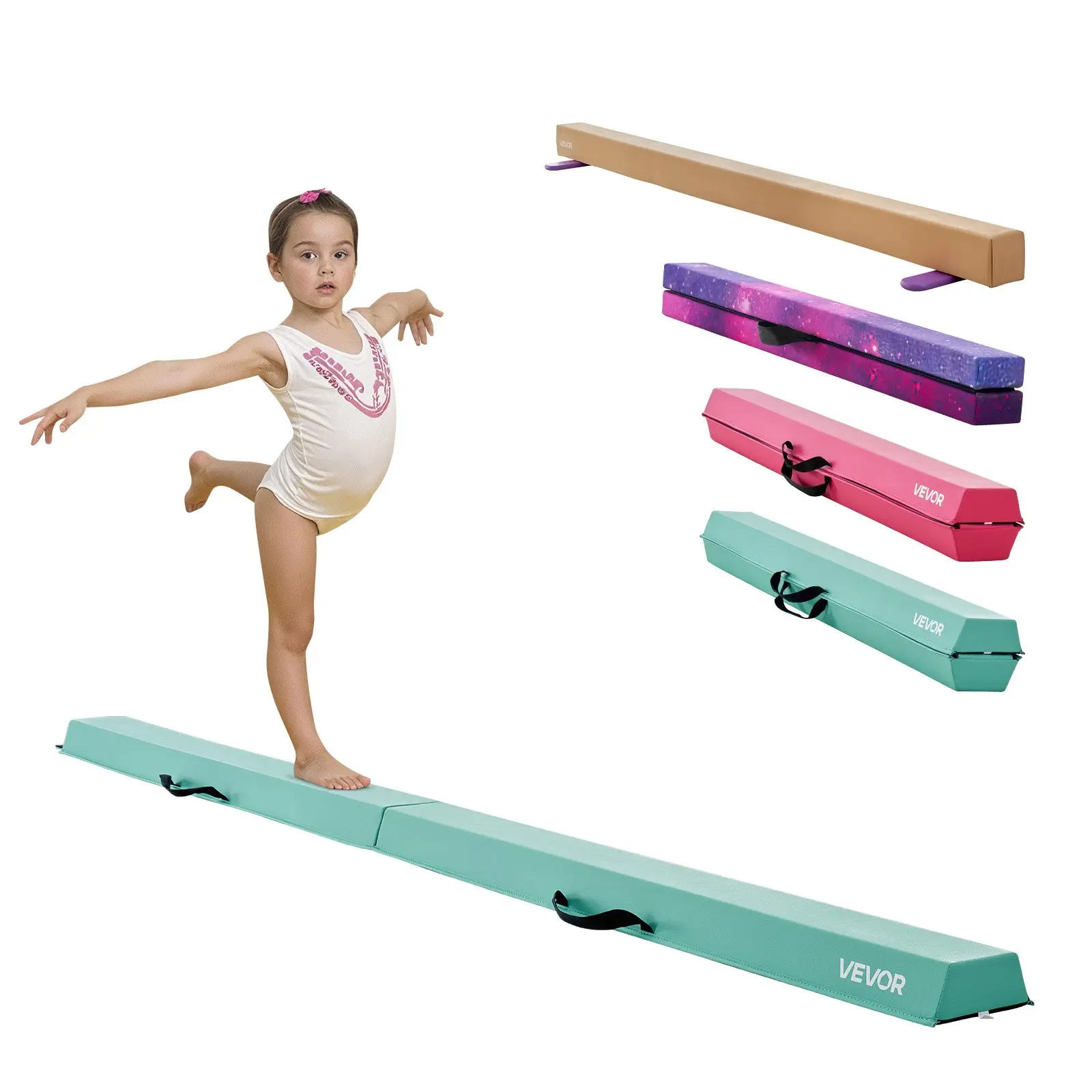 VEVOR 8FT Folding Balance Beam for Kids, 200 lbs Load Gym Training Equipment, Stable Floor Beam with Non-Slip Mats, Anti-Slip Bottom & Carrying Bag for Home Gym, Mint Green, Stable Support
