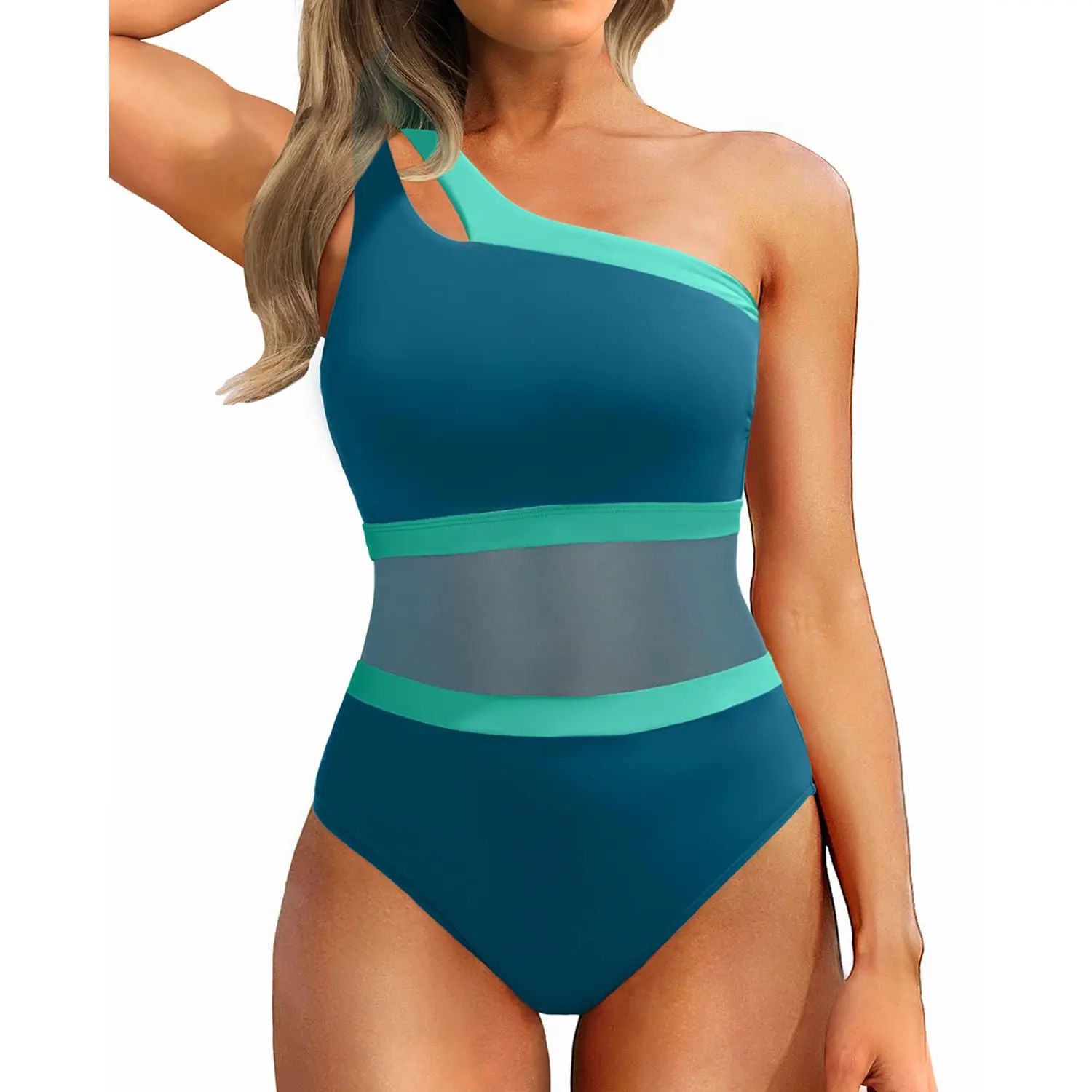 Holipick Women's One Shoulder One Piece Swimsuit Cutout Bathing Suits Mesh Slimming Swimwear for Teen Girls