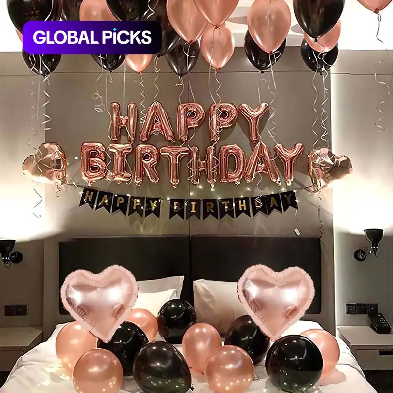 43pcs/set 16-inch Rose Gold 'Happy Birthday' Banner Balloon Set, Balloon Decorations Kit, Decorations for Birthday Party, Wedding, Graduation, Heart Shaped Balloons, Balloon Party Supplies #GLOBAL PICKS