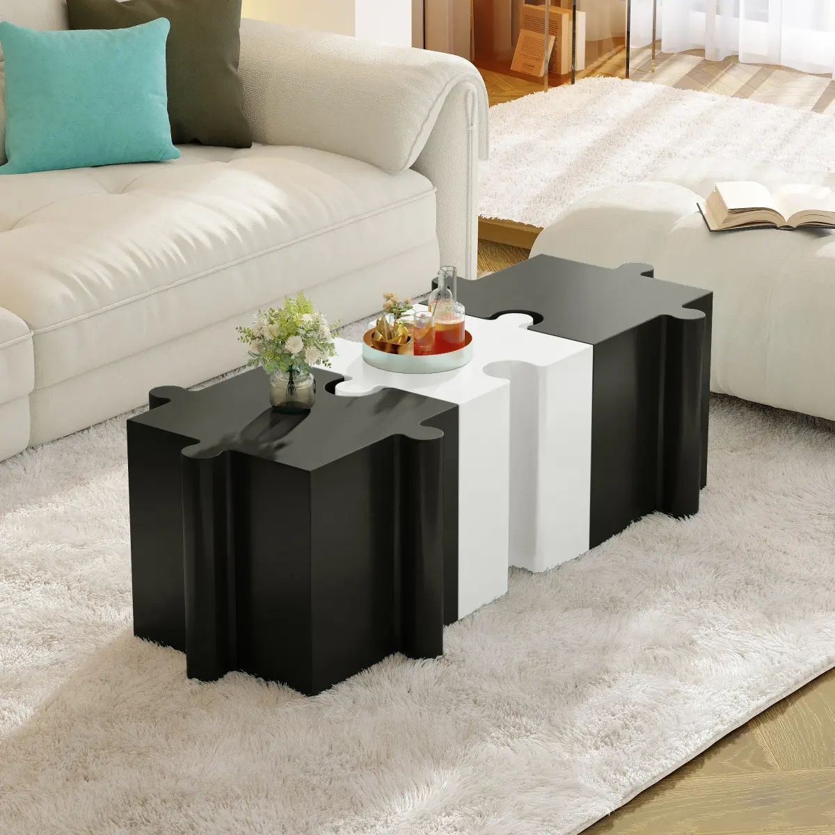3-Piece Artistic Puzzle Table Set,Modular MGO Side Tables with Interlocking Design (2 Convex & 1 Concave), 200lb Capacity for Indoor & Outdoor,Black & White Color