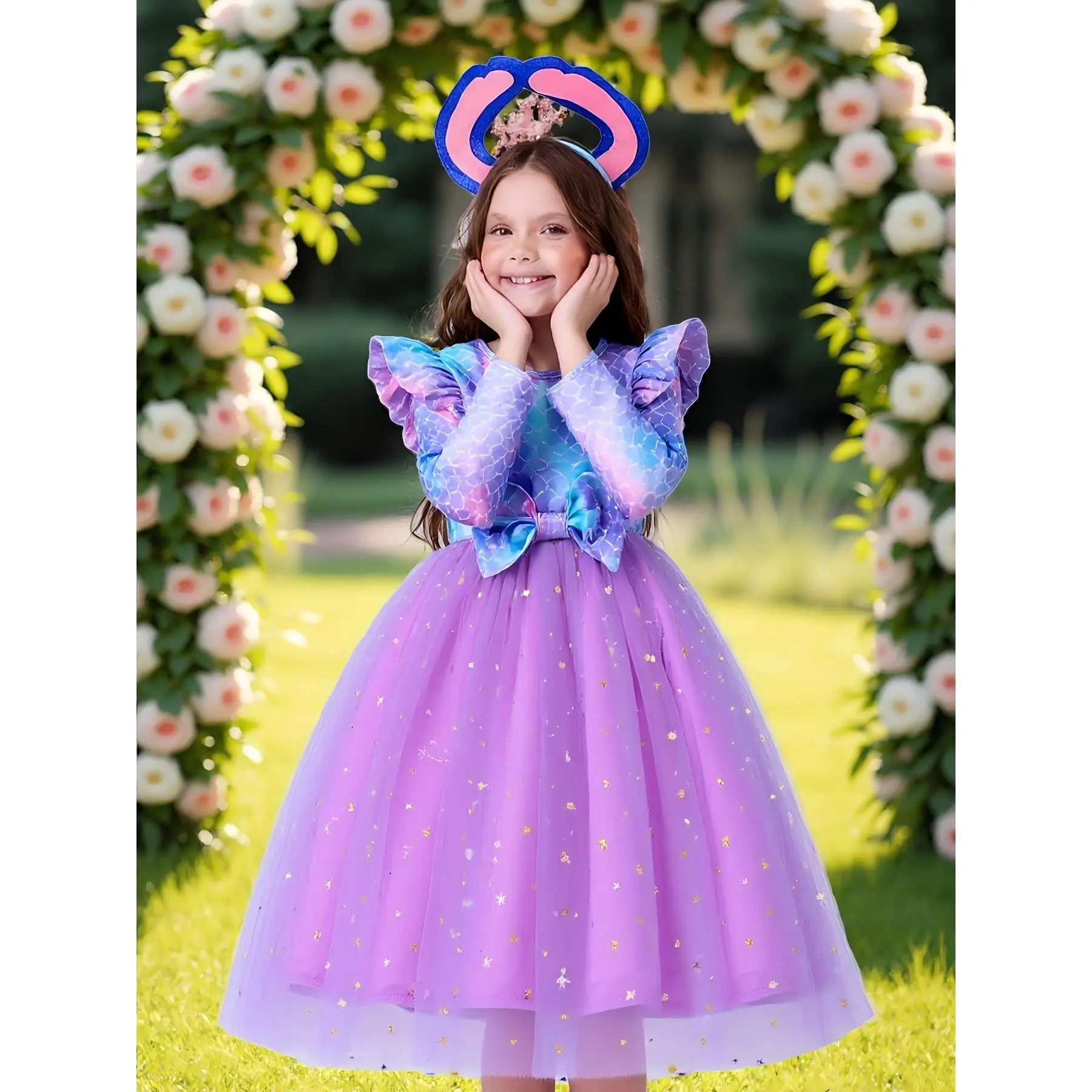new ss26 Soft summer dress with flutter sleeves, elegant mermaid print formal dress for 2-7 years old, tulle + bow waist decoration, elegant and romantic summer A-line dress, star sequin mesh, Easter dress