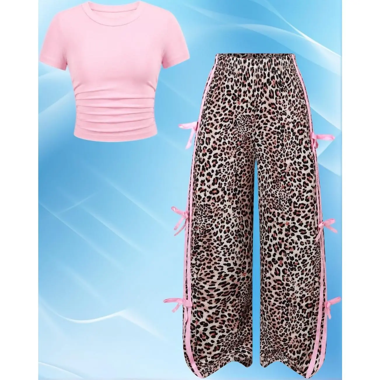 2Pcs Girls Casual Outfit Printed Short Sleeve Top Bowknot Wide Leg Sweatpants Teen Clothes Set Size 7-14