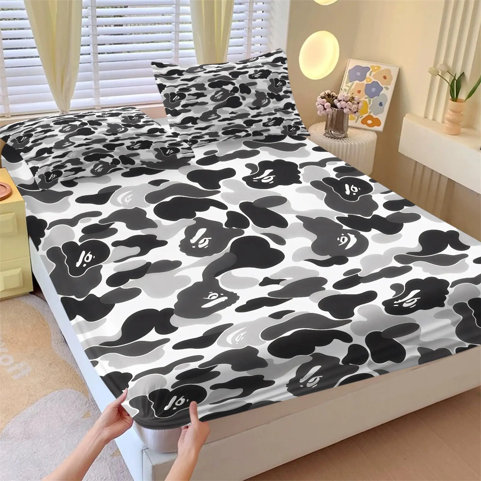 Black-White Camo Fitted Sheet Set 3-Piece Comfy Bedding Set, Bedding Sheets with 2 Coreless Pillowcases-Black White Grey Camouflage Design- Anti-Slip Deep Pockets-Street Style Bedroom Decor Gift for Unique Teens