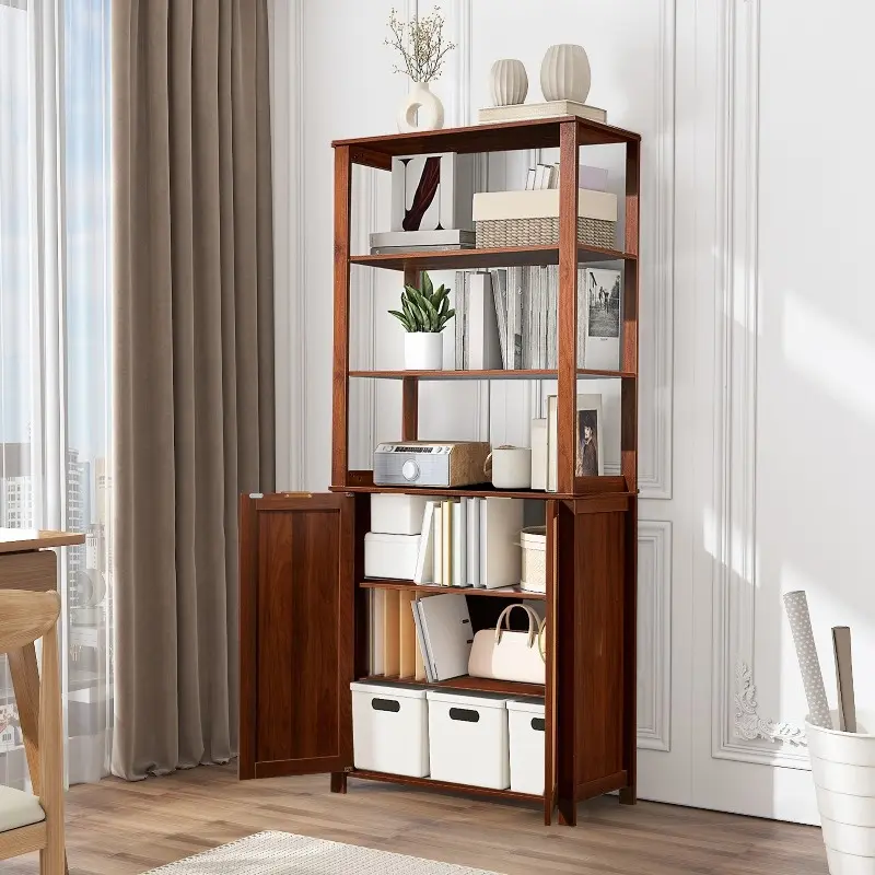Rattan Bookcase with Storage Cabinet, Freestanding Bookshelf with Open Shelves for Living Room or Bedroom, Heavy Duty Display Rack, Beige/Brown