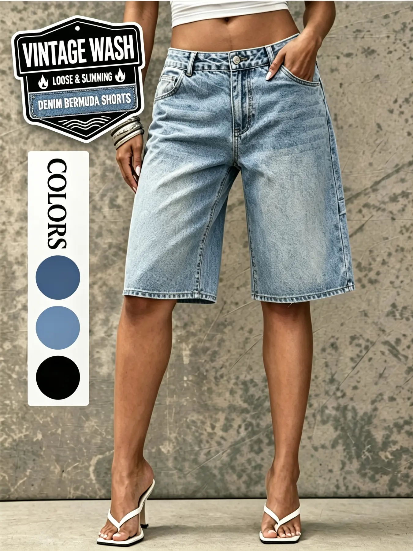 Millennial Style Light Blue Denim Shorts, Women's High Waist Loose Fit Five-Quarter Jeans, Casual Wide Leg Denim Shorts for Summer, Solid
