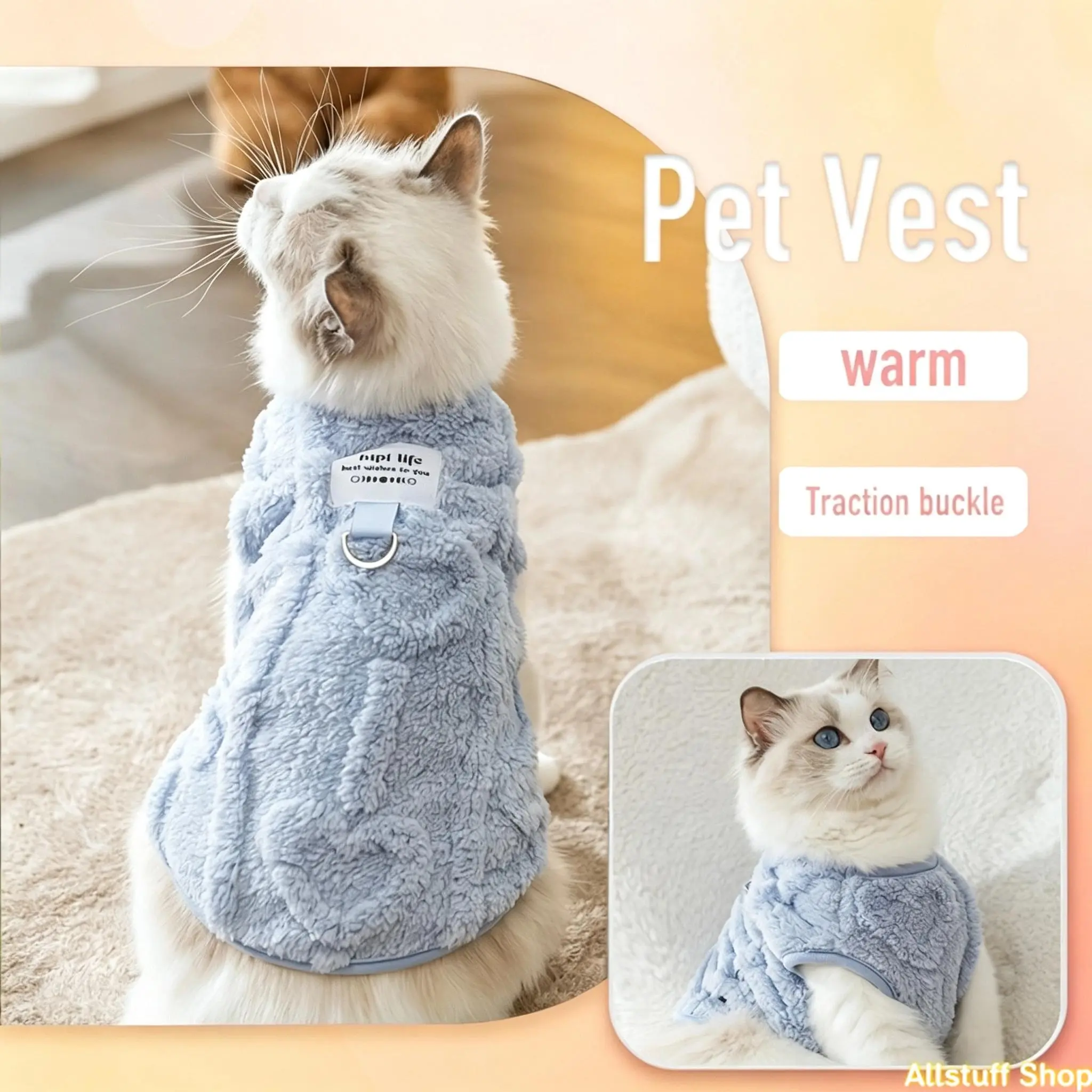 Autumn and Winter Pet Clothing, Thick and Warm Cat Vest with Traction Buckle, Heart Print, Simple and Comfortable