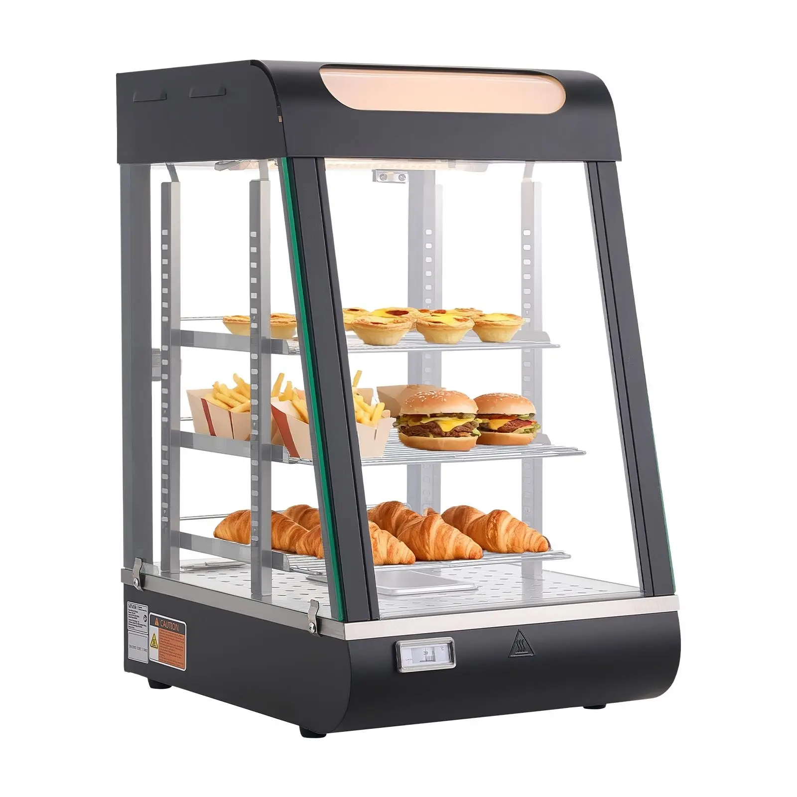 3-Tier Commercial Food Warmer Display, 800W Food Display Warmer with LED Light, Top Storage and Adjustable Shelves, 86185 Steam Heating, 60 Qt/57L for Hamburger, Pizza, Bread, Fried Chicken