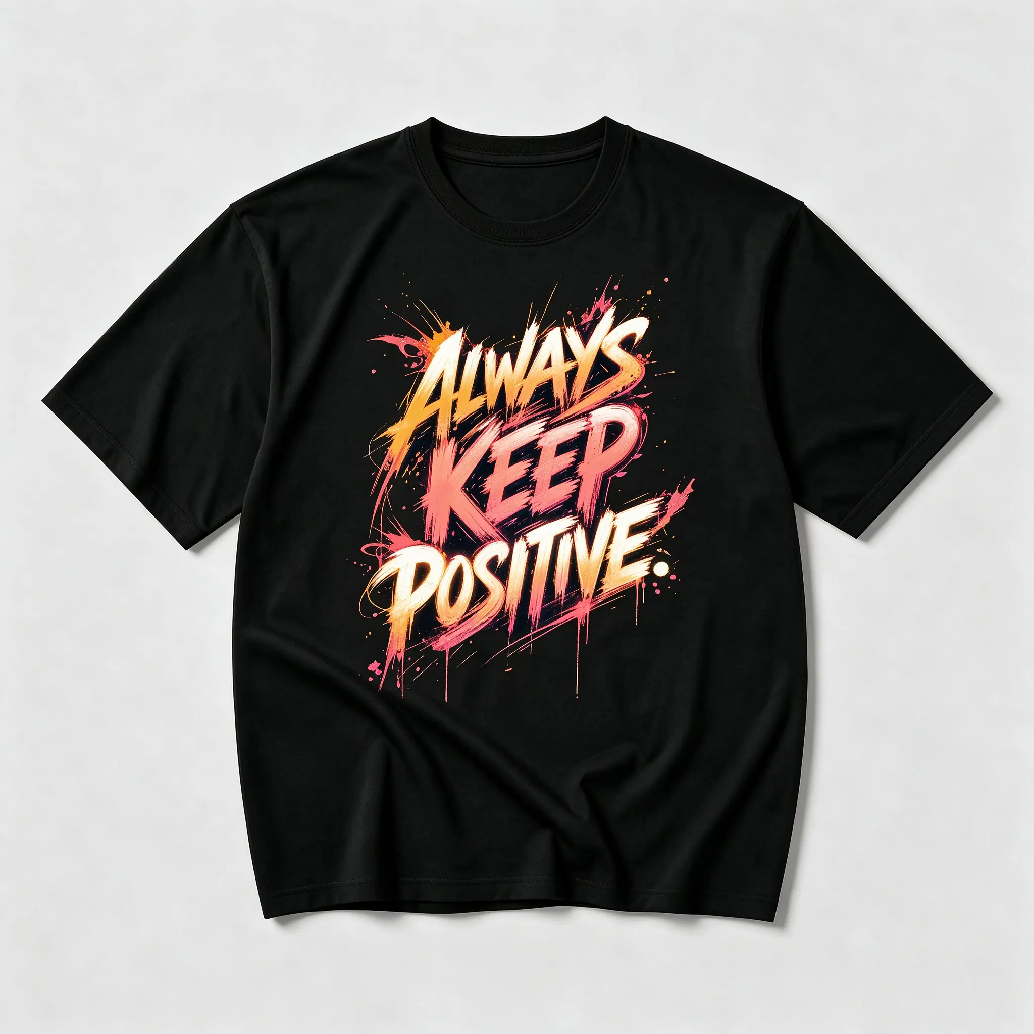 Menswear Soft 100% Cotton Round Neck Breathable Short-Sleeve Graphic Tee, Orange Pink Splash Graffiti "Always Keep Positive" Letter Print, Streetwear Casual Top, Motivational Gift, Graphic Tees