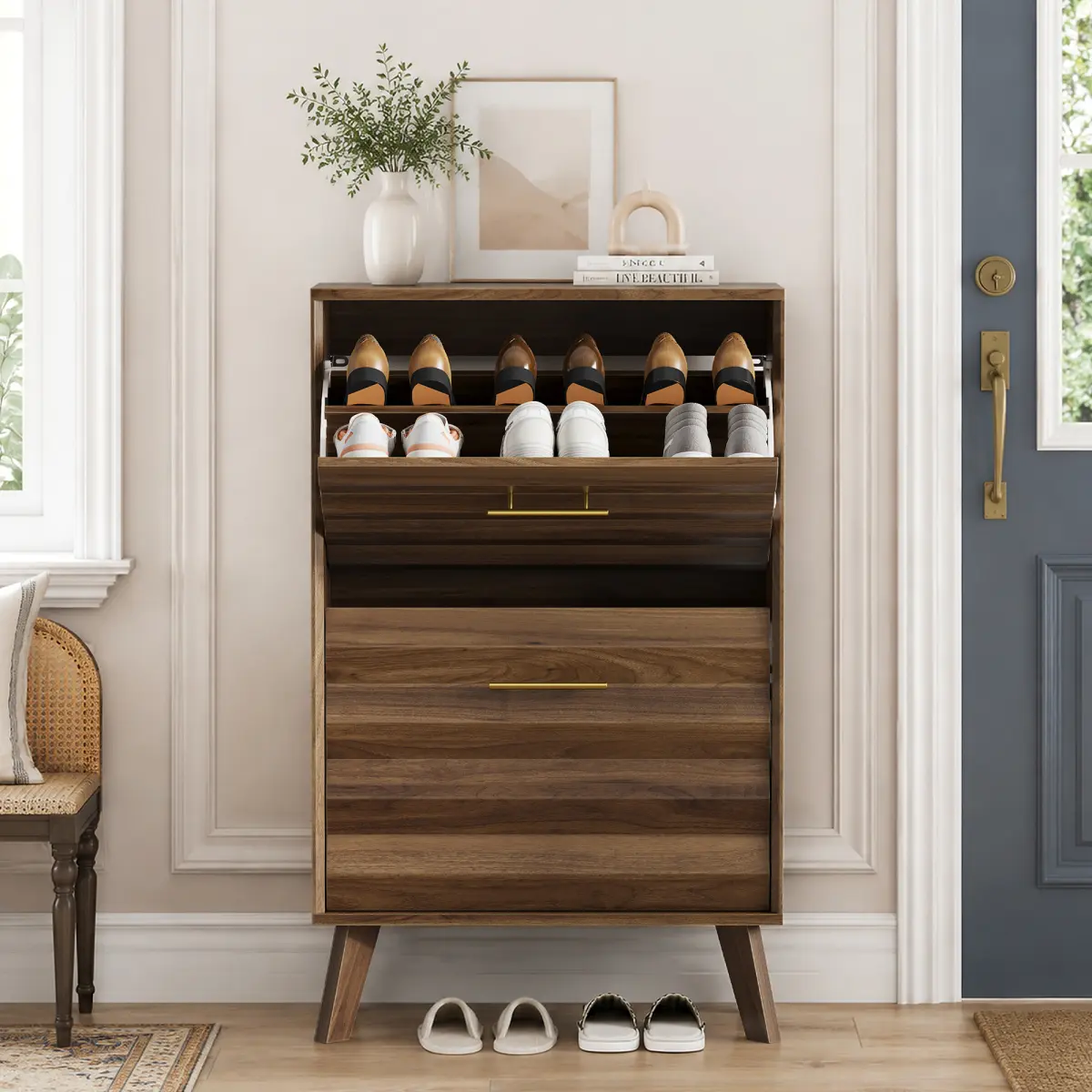 [Bellemave] 23.6-inch Slim Flip-Top Shoe Cabinet, Mid-century Modern Freestanding Shoe Cabinet, Home Entryway Double Flip-Top Door Large Capacity Narrow Style Shoe Rack Decorative Light