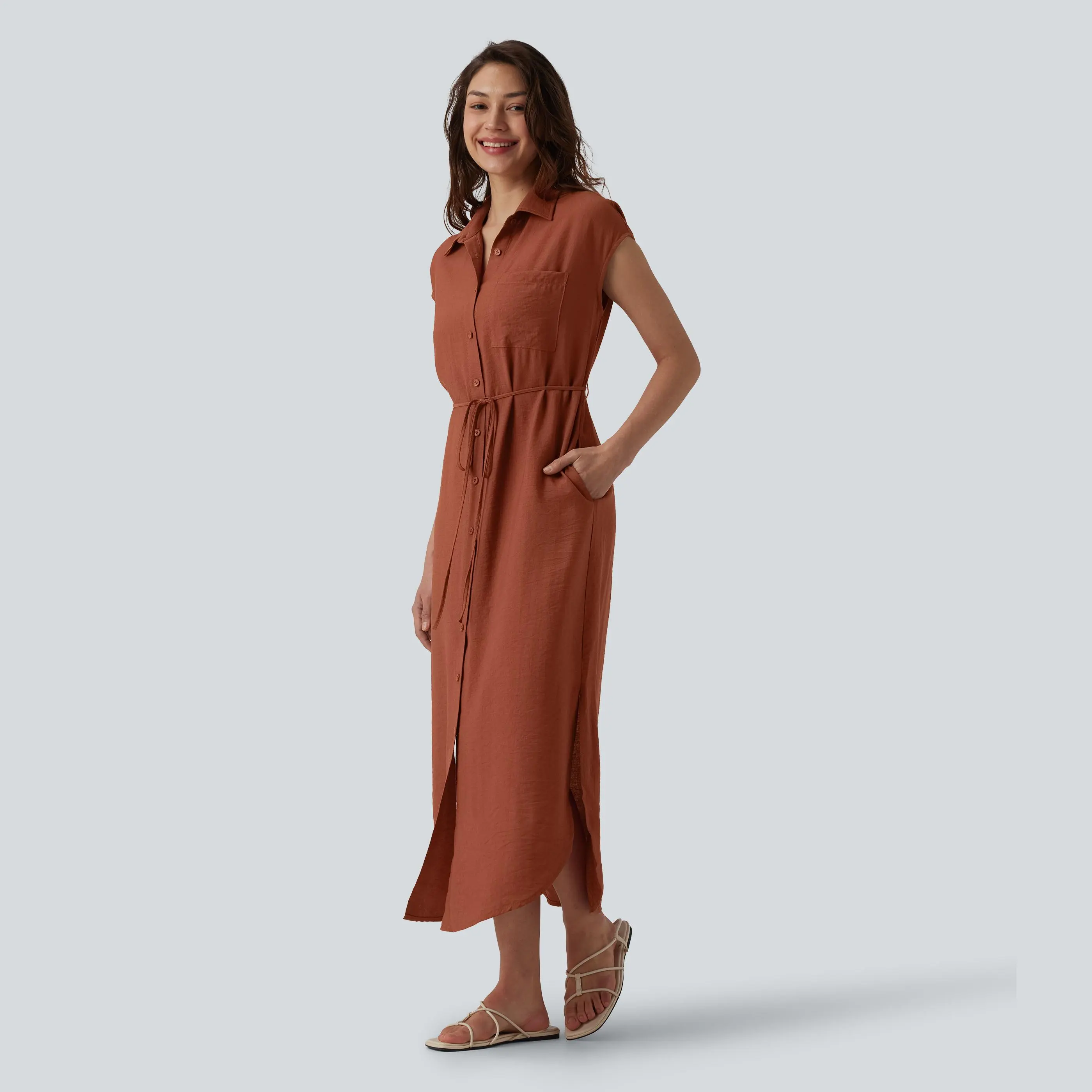 Halara Collar Cap Sleeve Belted Curved Split Hem Midi Casual Shirt Dress with Pockets