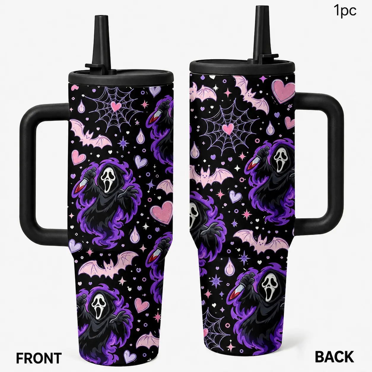 1PC 40oz Purple Horror Scream Mask Bat Spider Web Heart Insulated Tumbler with Handle & Straw, Leak-Proof Lid, Double Wall Vacuum Stainless Steel Travel Mug, Hot 12H Cold 24H, Halloween Gift for Men and Women, Leakproof Cruiser Tumbler