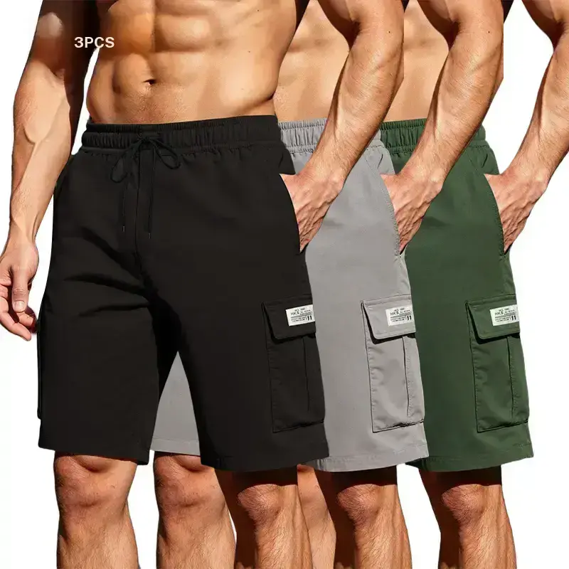 Men’s summer quick dry cargo shorts 3 pack, trendy casual athletic style, drawstring waistband with multiple pockets, breathable lightweight fabric suitable for gym, running, everyday wear, and commuting, available in multiple colors tiktokshopspringglowu