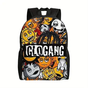 Bucked Up Glogang 600D Oxford Backpack - Full Sun Moon Cartoon Graffiti Collage Print, Lightweight Multi-Pocket Padded-Strap Laptop Bag for Teen Rap Culture Enthusiasts (School/Travel Use)