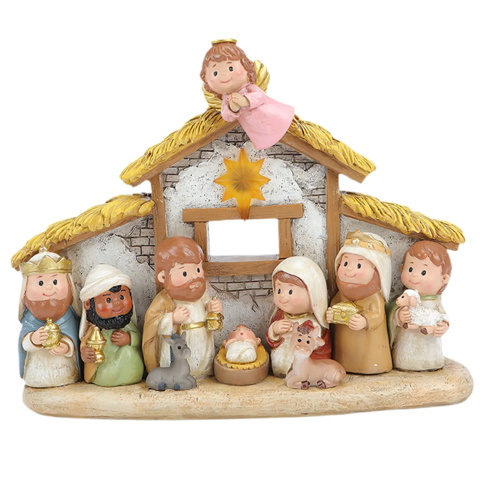Cartoon Miniature Religious Resin Christmas Nativity Set Ornament with Light, Wall-Mounted Decor, Perfect for Holiday Displays
