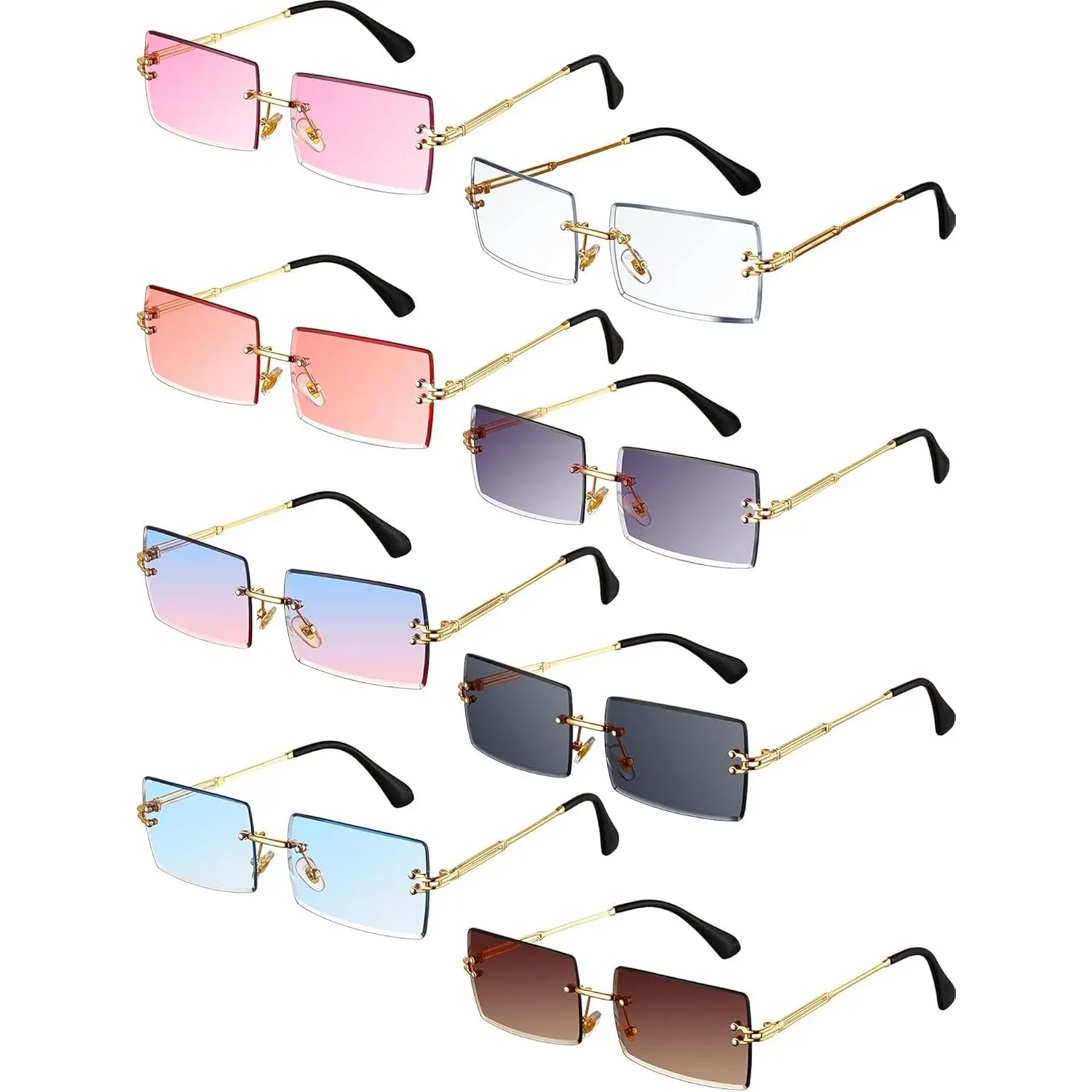 Weewooday 8 Pairs Vintage Rimless Rectangle Sunglasses Tinted Lens Gold Metal Frameless Eyewear Sunglasses for Women Men