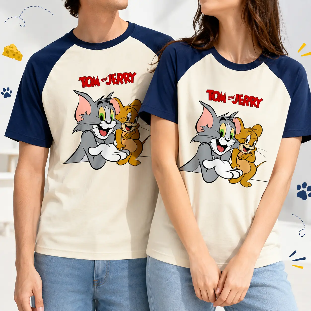 Tom and Jerry Graphic Raglan T-Shirt, Cream Navy Short Sleeve Crewneck, Front Back Cartoon Print, Retro Baseball Tee, Casual Streetwear Top, Animation, Comic, Colorful