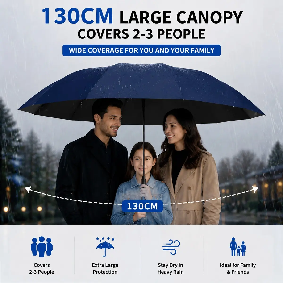 Large 130cm Reverse Umbrella 12 Ribs Windproof Business Umbrella UPF50+ Sun Protection UV Umbrella Oversized Rain and Sun Dual Use Umbrella for 2-3 People Quick Dry Waterproof Heavy Duty Folding Travel Outdoor Essentials Gift Idea